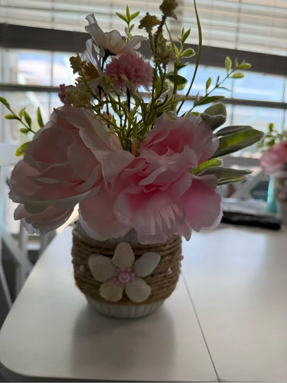 Decorative Pink Artificial Peony Arrangement with Beach Themed Pot